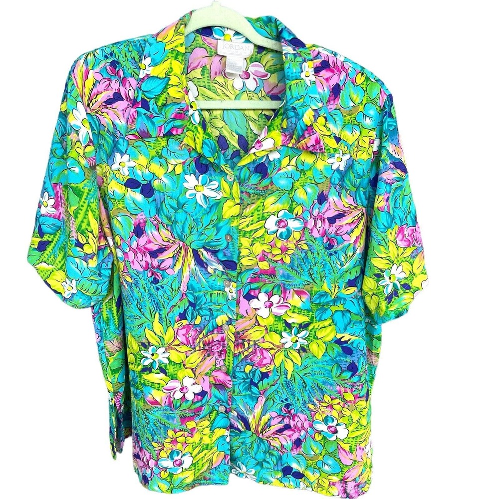 Jordan‎ Woman Tropical Floral Button Front Blouse Turquoise Pink Green Size 22